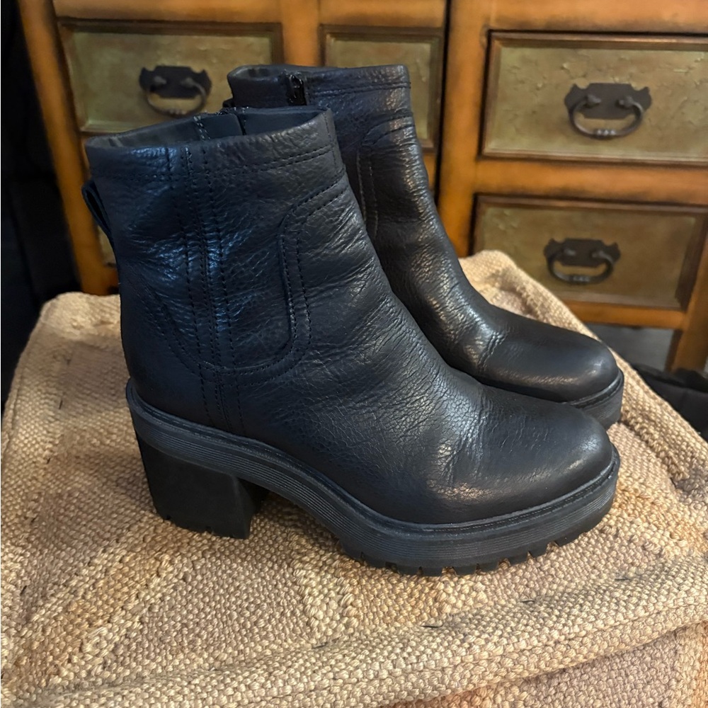 Black Leather Lug Sole Ankle Boots